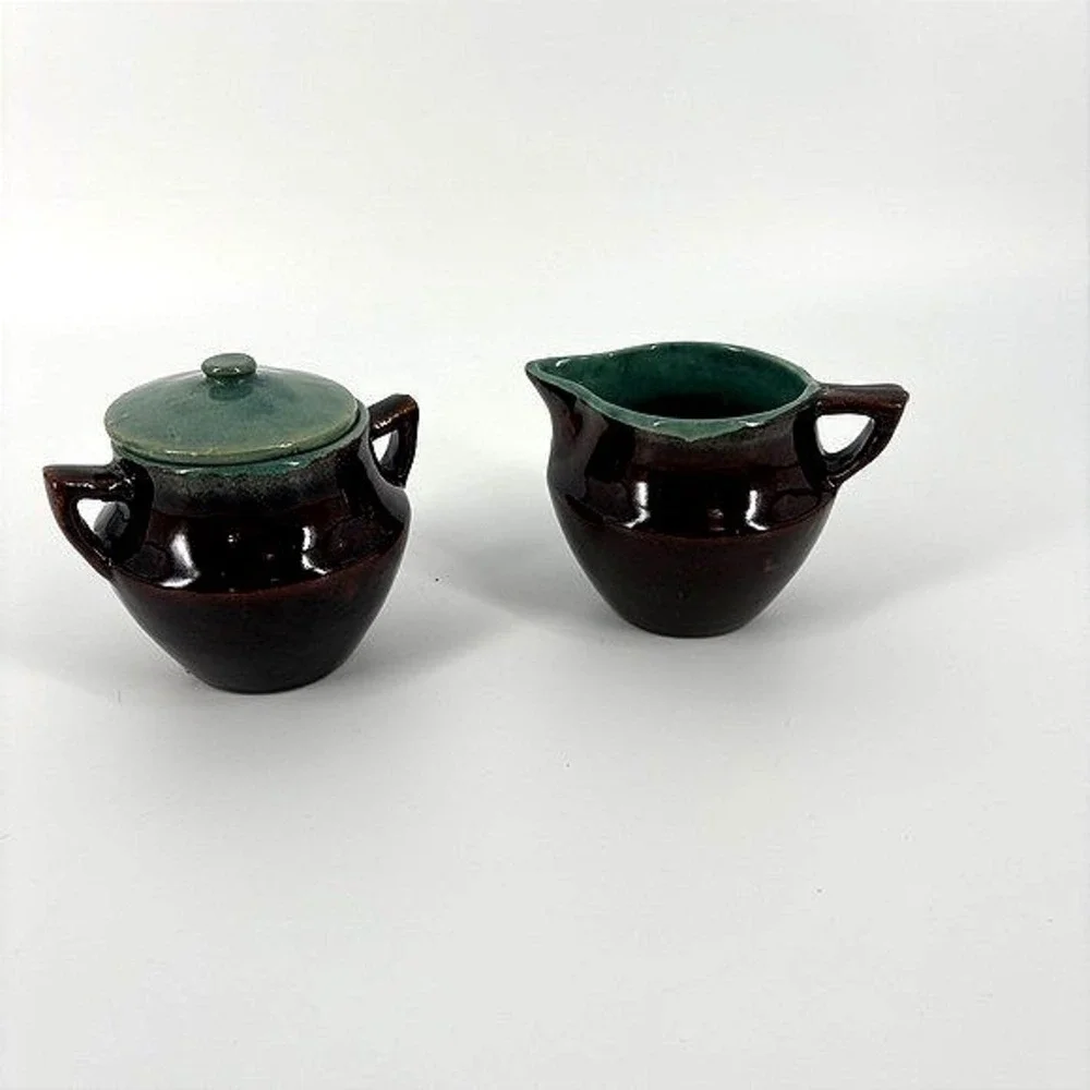 Vintage Red Wing‎ Pottery Sugar Bowl/Creamer Set Brown Teal Glaze Rustic